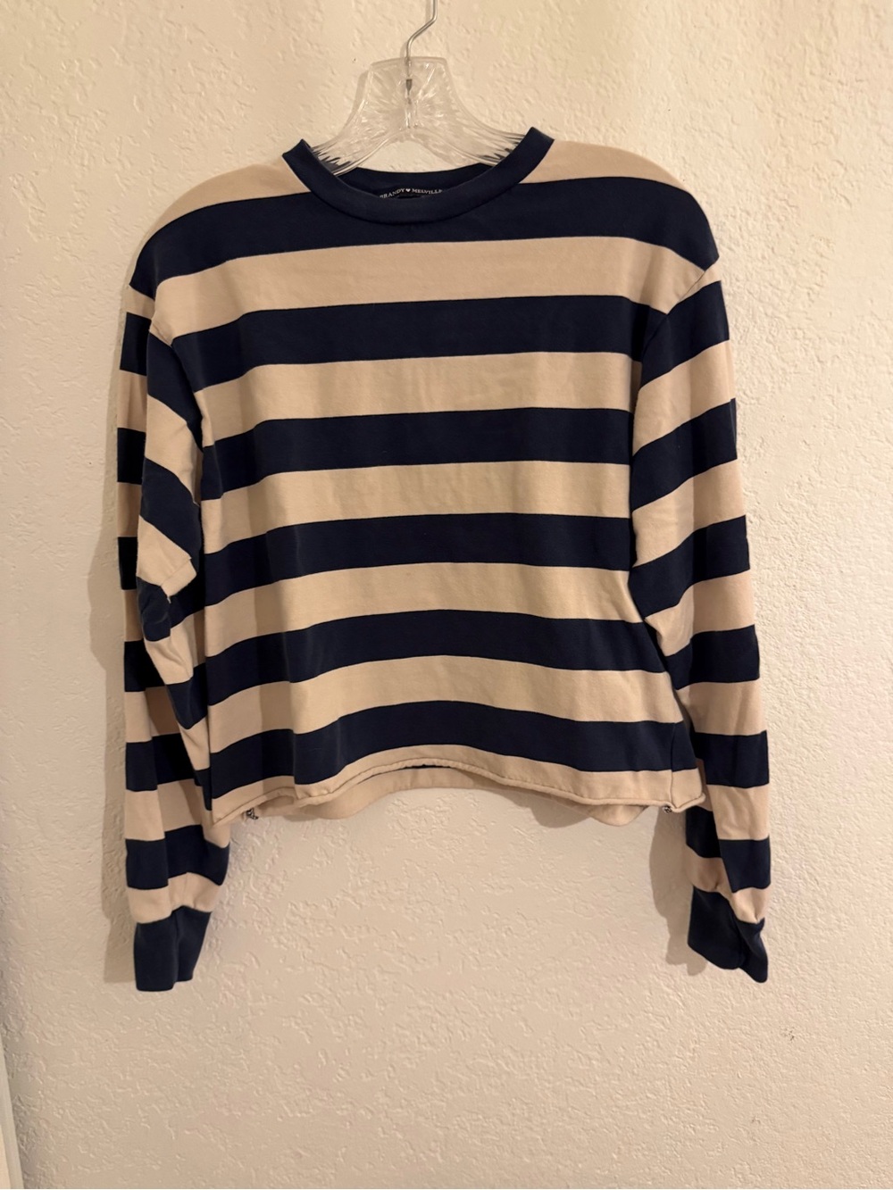 Brandy Melville striped Navy and Cream Crewneck boxy tee long sleeve